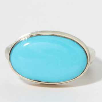 Jamie Joseph:Sterling & 14K Gold Ring w/ Oval Smooth SLEEPING BEAUTY TURQUOISE on Middle Groovy Band