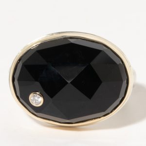 Jamie Joseph:Sterling & 14K Gold Ring w/ Oval Rose Cut BLACK ONYX & .03 ct Diamond on Middle Groovy Band