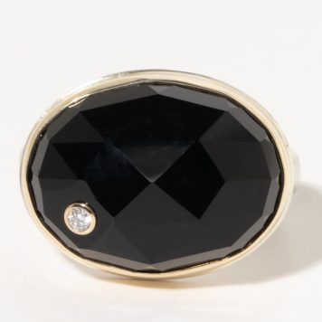 Jamie Joseph:Sterling & 14K Gold Ring w/ Oval Rose Cut BLACK ONYX & .03 ct Diamond on Middle Groovy Band