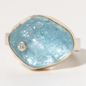 Jamie Joseph:Sterling & 14K Gold Ring w/Asymmetrical Surface AQUAMARINE and .03 Pt Diamond on Middle Bark Band
