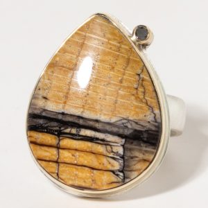 Jamie Joseph:Sterling & 14K Gold Ring w/ Vertical Tear Drop Petrified GOLDED OAK and .03 Pt Black Satellite Diamond on Comfort Band