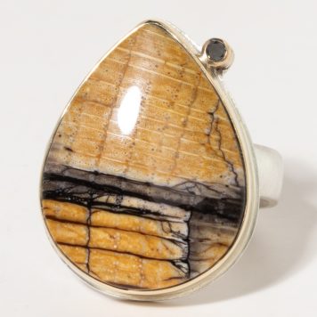 Jamie Joseph:Sterling & 14K Gold Ring w/ Vertical Tear Drop Petrified GOLDED OAK and .03 Pt Black Satellite Diamond on Comfort Band
