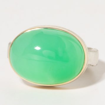 Jamie Joseph:Sterling & 14K Gold Ring w/ Oval Smooth CHRYSOPRASE on Middle Bark Band