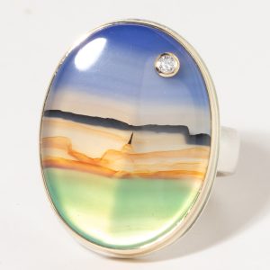 Jamie Joseph:Sterling & 14K Gold Ring w/ Vertical Oval LANDSCAPEAGATE & .03 ct Diamond on Comfort Band