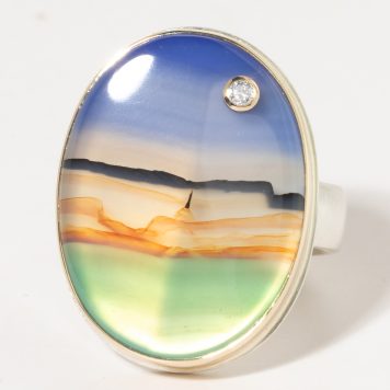 Jamie Joseph:Sterling & 14K Gold Ring w/ Vertical Oval LANDSCAPEAGATE & .03 ct Diamond on Comfort Band
