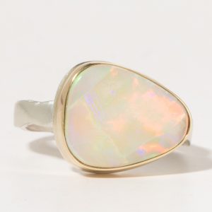 Jamie Joseph:Sterling & 14K Gold Ring w/Asymmetrical AUSTRALIAN OPAL on Eroded Live Edge Band