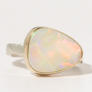 Jamie Joseph:Sterling & 14K Gold Ring w/Asymmetrical AUSTRALIAN OPAL on Eroded Live Edge Band