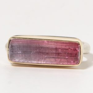 Jamie Joseph:Sterling & 14K Gold Ring w/ Surface Rectangular BI COLOR TOURMALINE on Egyptian Band