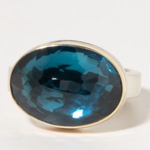 Jamie Joseph:Sterling & 14K Gold Ring w/ Oval Inverted LONDON BLUE TOPAZ on Middle Groovy Band