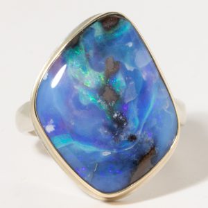 Jamie Joseph:Sterling & 14K Gold Ring w/ Vertical Asymmetrical BOULDER OPAL on Middle Groovy Band