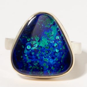 Jamie Joseph:Sterling & 14K Gold Ring w/Asymmetrical Vertical AZURITE, MALACHITE, & CHRYSOCOLLAon Soft Live Edge Band
