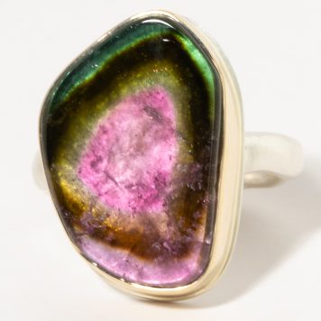 Jamie Joseph:Sterling & 14K Gold Ring w/ Vertical WATERMELON TOURMALINE Slice on Middle Groovy Band