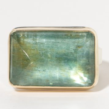 Jamie Joseph:Sterling & 14K Gold Ring w/ Rectangular Inverted BI-COLOR BERYL on Live Edge Band