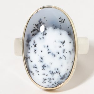 Jamie Joseph:Sterling & 14K Gold Ring w/ Vertical Oval DENDRITIC OPAL on Comfort Band