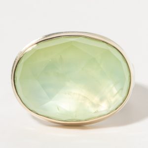 Jamie Joseph:Sterling & 14K Gold Ring w/ Oval Rose Cut PREHNITE on Comfort Band