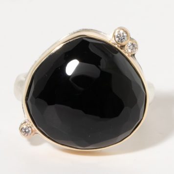 Jamie Joseph:Sterling & 14K Gold Ring w/ Handfaceted Asymmetrical BLACK ONYX w/Three Satellite Diamonds on Middle Groovy Band .08 TCW