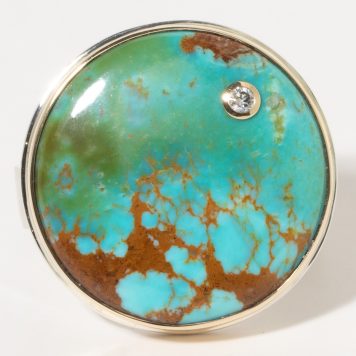 Jamie Joseph:Sterling & 14K Gold Ring w/ Smooth Round KINGMAN TURQUOISE on Live Edge Band