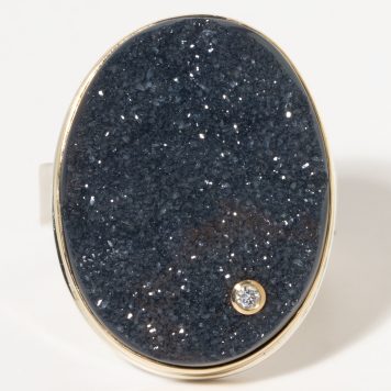 Jamie Joseph:Sterling & 14K Gold Ring w/ Vertical Oval BLACK BRAZILIAN DRUSY and .03 Pt Diamond on Heavy Live Edge Band